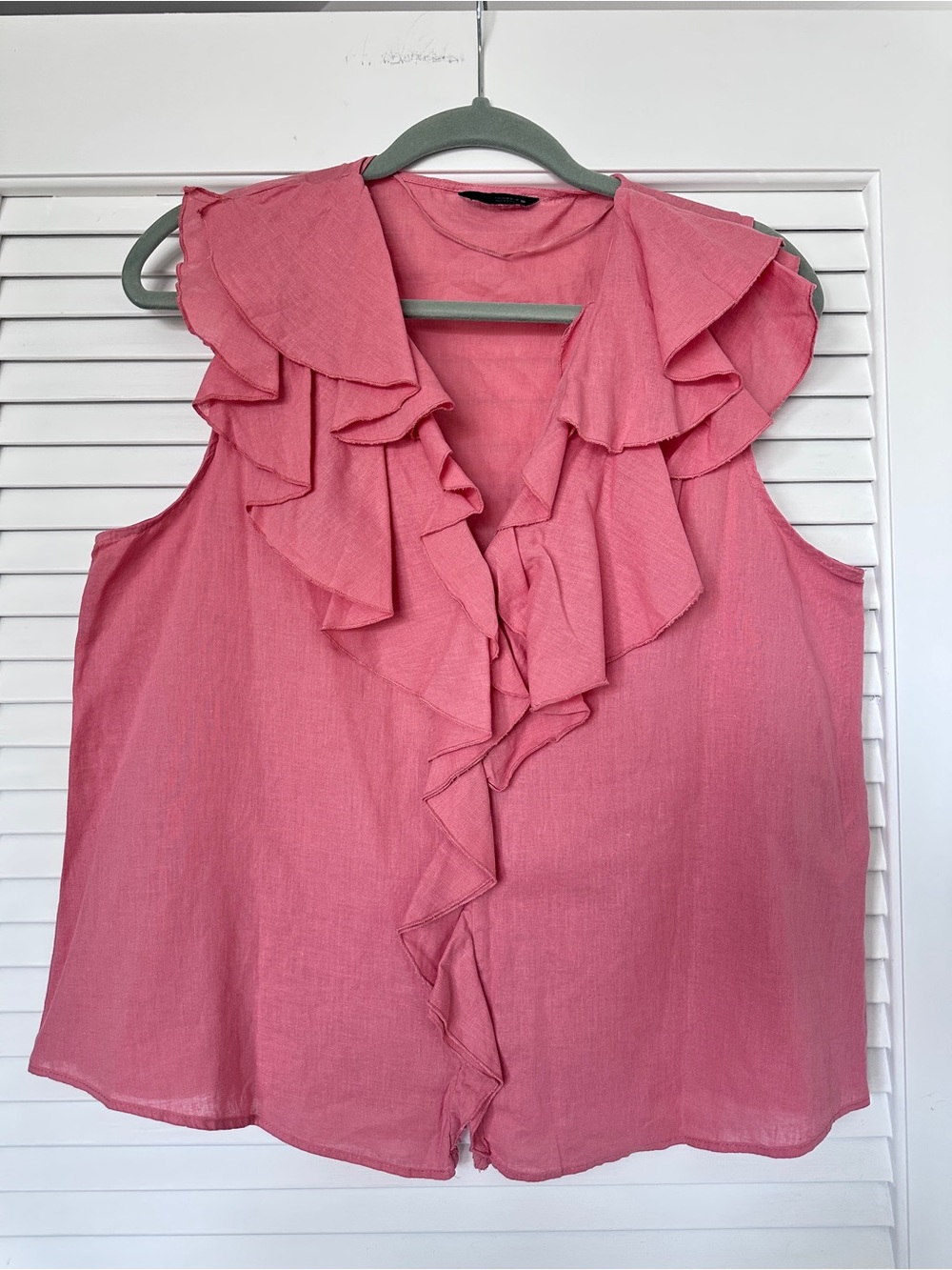 Zara Pink Linen Cotton Ruffle Sleeveless Blouse Top Size M